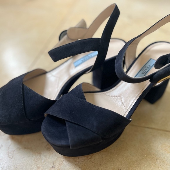 Blue Suede Prada Platform Heels - Picture 2 of 8